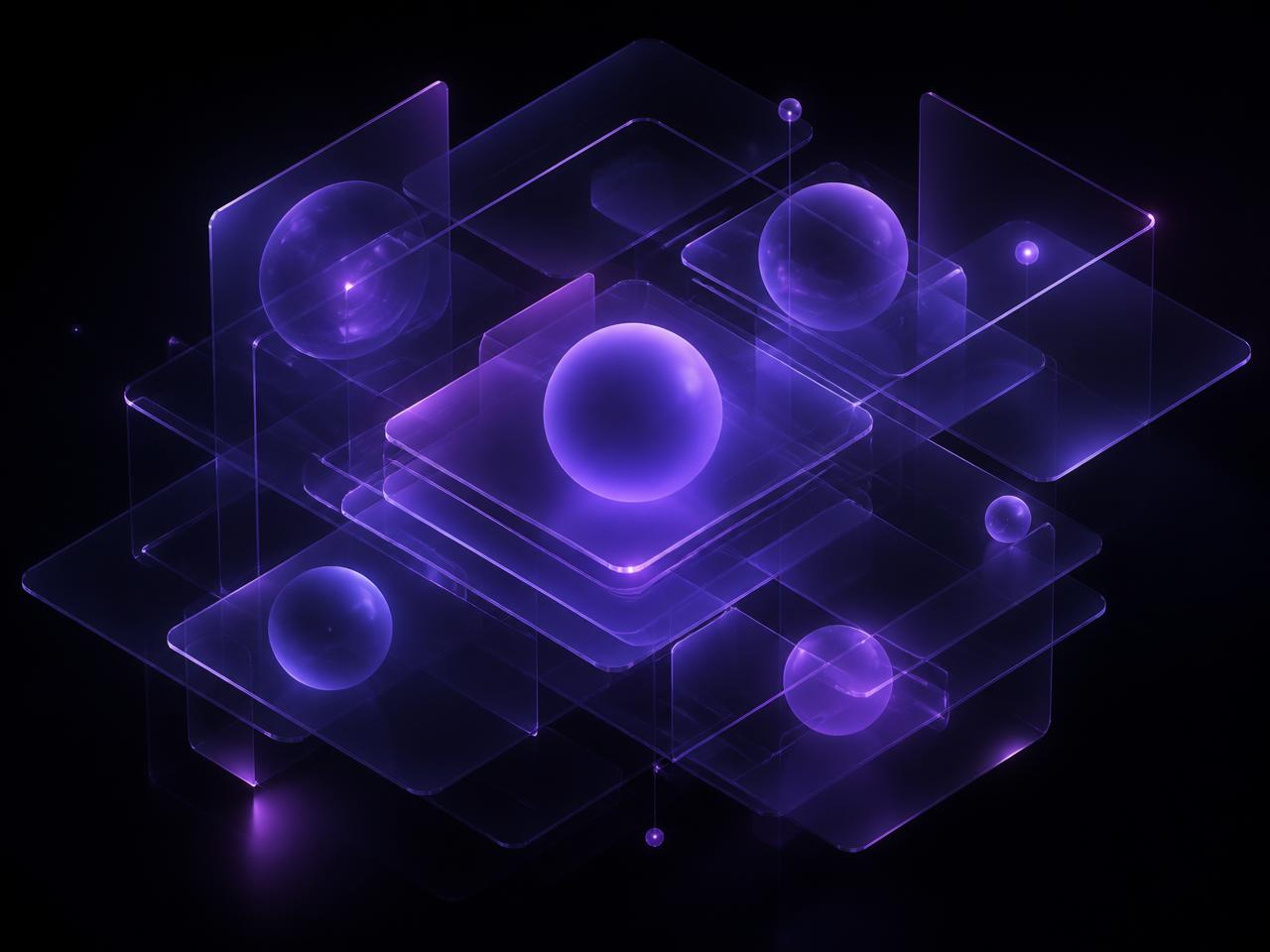Abstract layered violet glass panels representing an interconnected AI coaching system